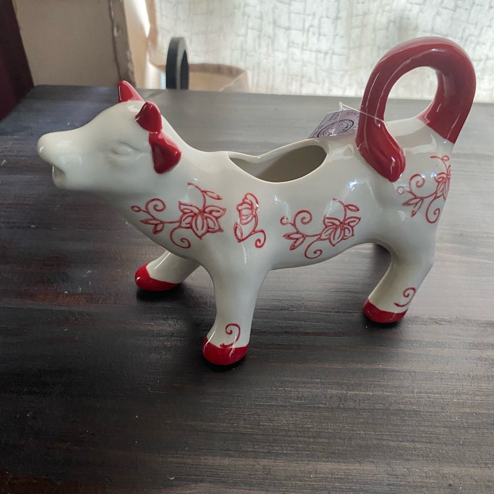 Ceramic Cow Creamer with Red Floral Design